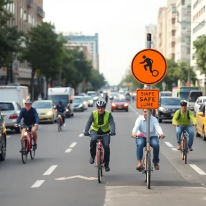 Urban street displaying bicycle safety infrastructure