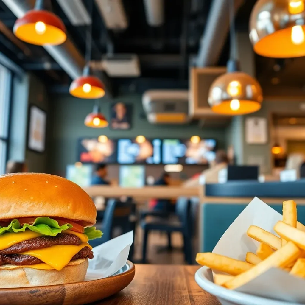 Gourmet burger restaurant interior with hand-cut fries