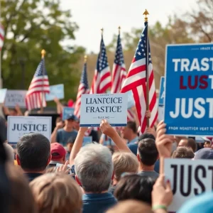 Supporters at a political rally with campaign signs and flags.