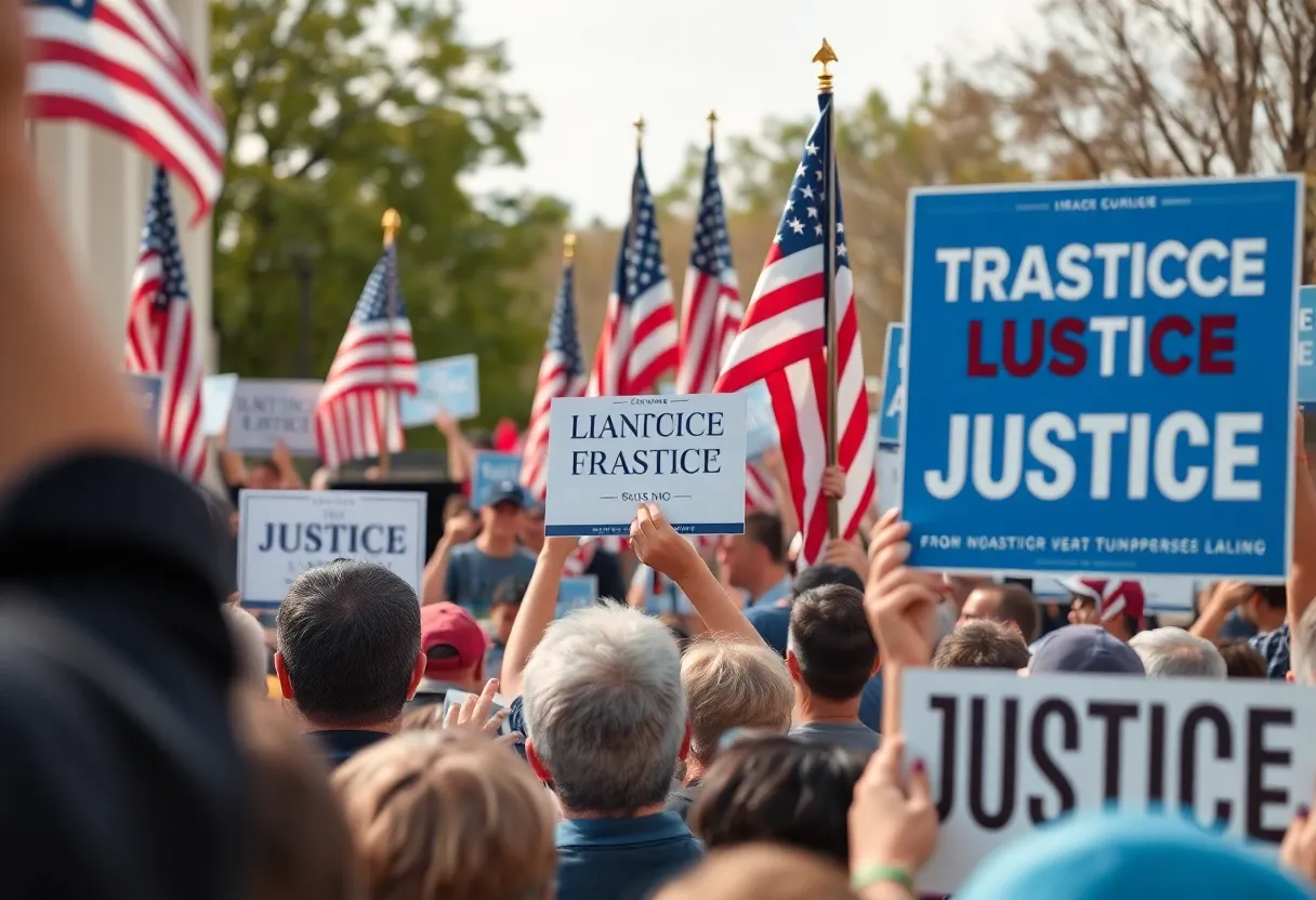 Supporters at a political rally with campaign signs and flags.