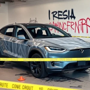 Burned Tesla Cybertruck surrounded by police tape