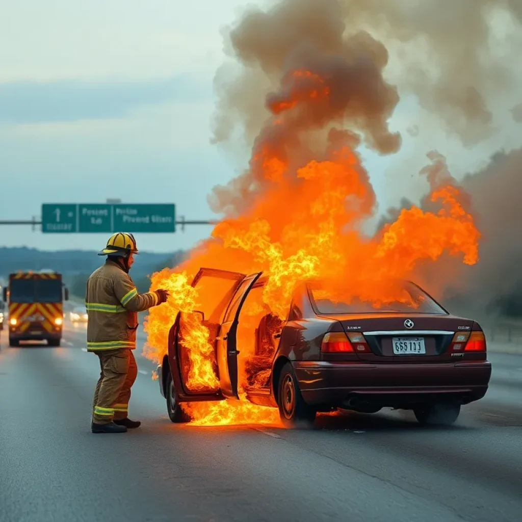 Firefighter responding to a burning vehicle on the highway