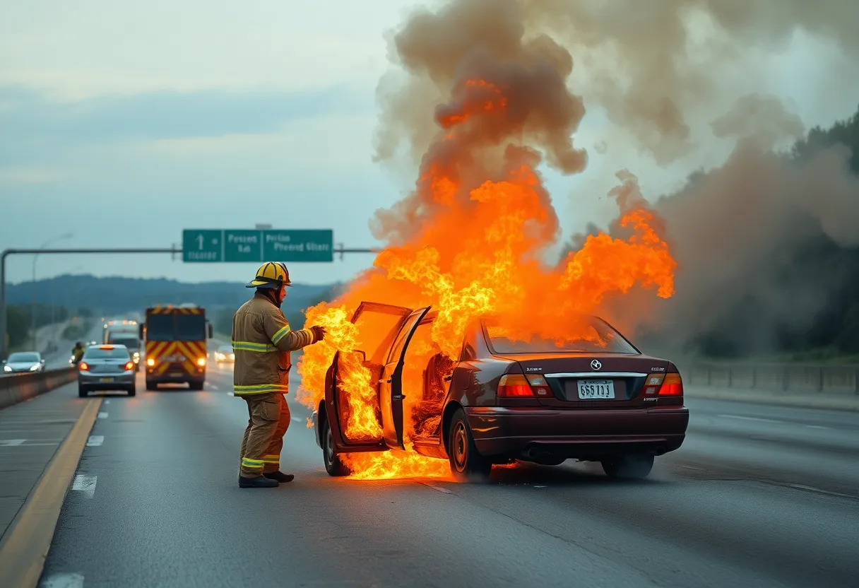 Firefighter responding to a burning vehicle on the highway