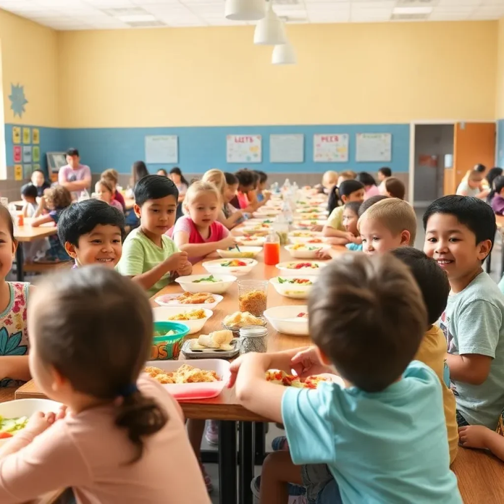 Children seated at tables enjoying summer meals in a school cafeteria