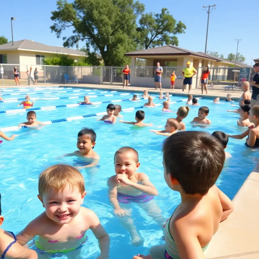 Children taking swimming lessons in a community pool.