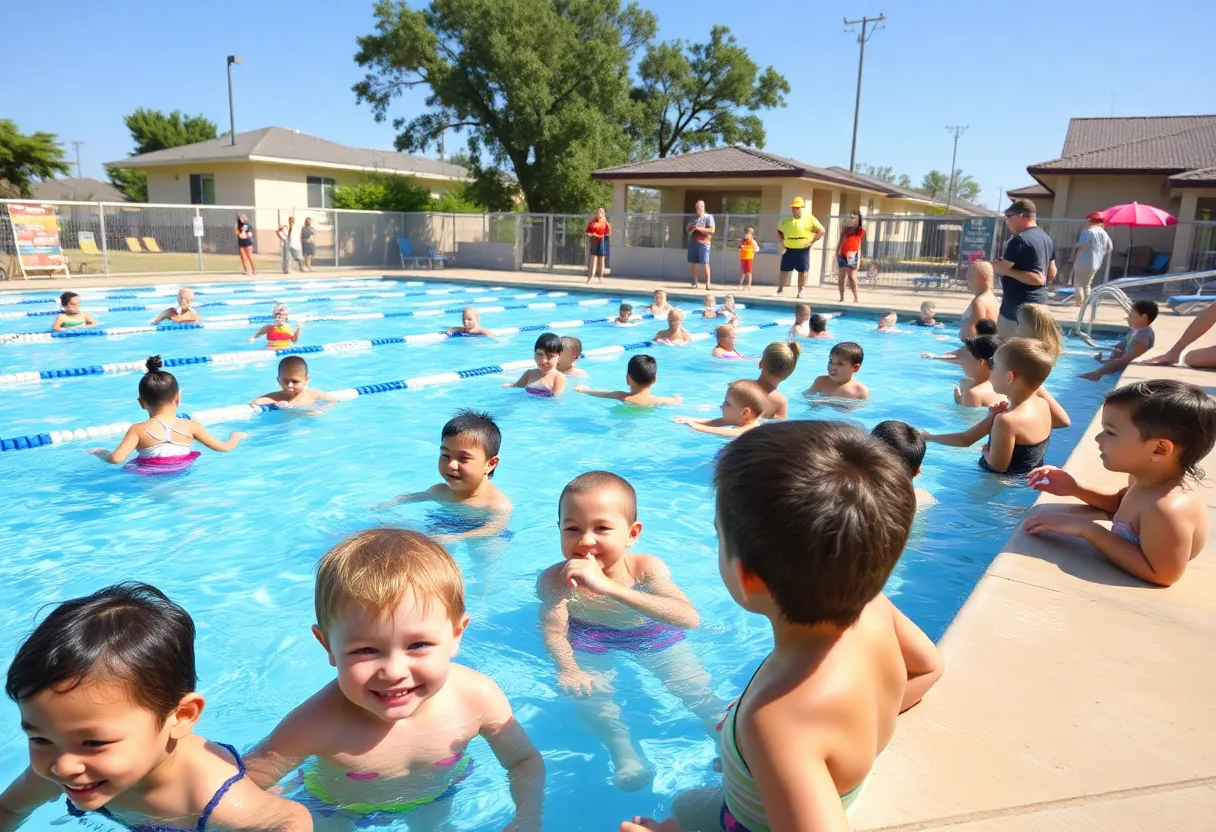 Children taking swimming lessons in a community pool.