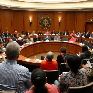 Diverse community members at a city council meeting discussing budget proposals