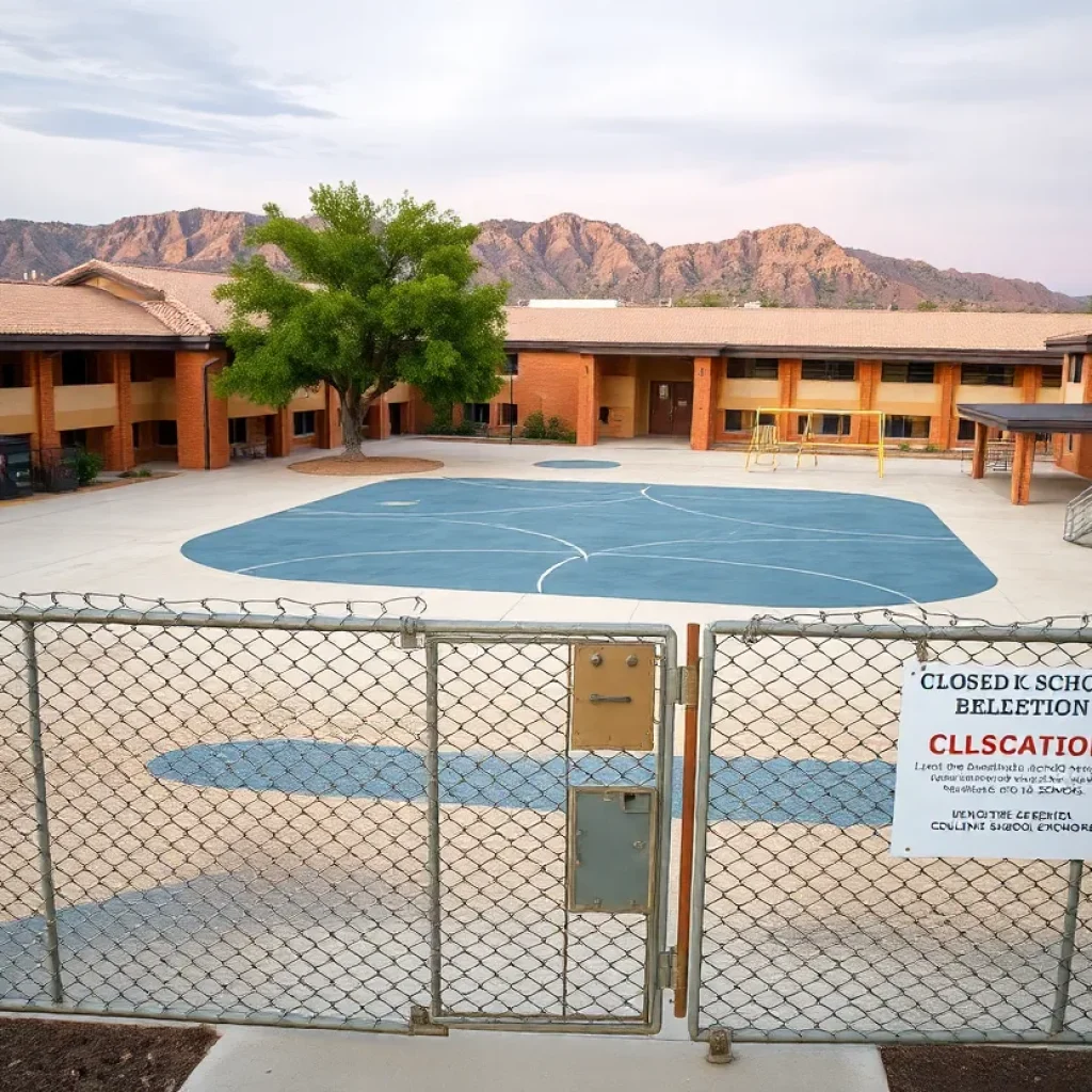 Closed school buildings with empty playgrounds in Phoenix, Arizona.