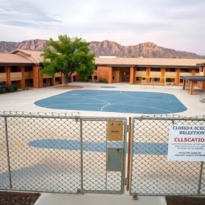 Closed school buildings with empty playgrounds in Phoenix, Arizona.