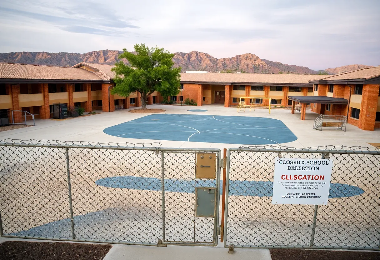 Closed school buildings with empty playgrounds in Phoenix, Arizona.