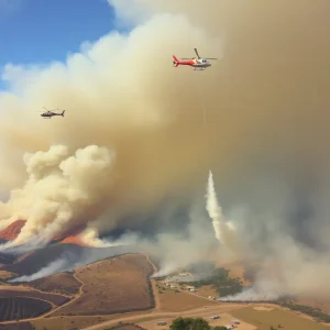 Aerial view of the Cody Fire in Oracle, Arizona, showing wildfire smoke and emergency response efforts.