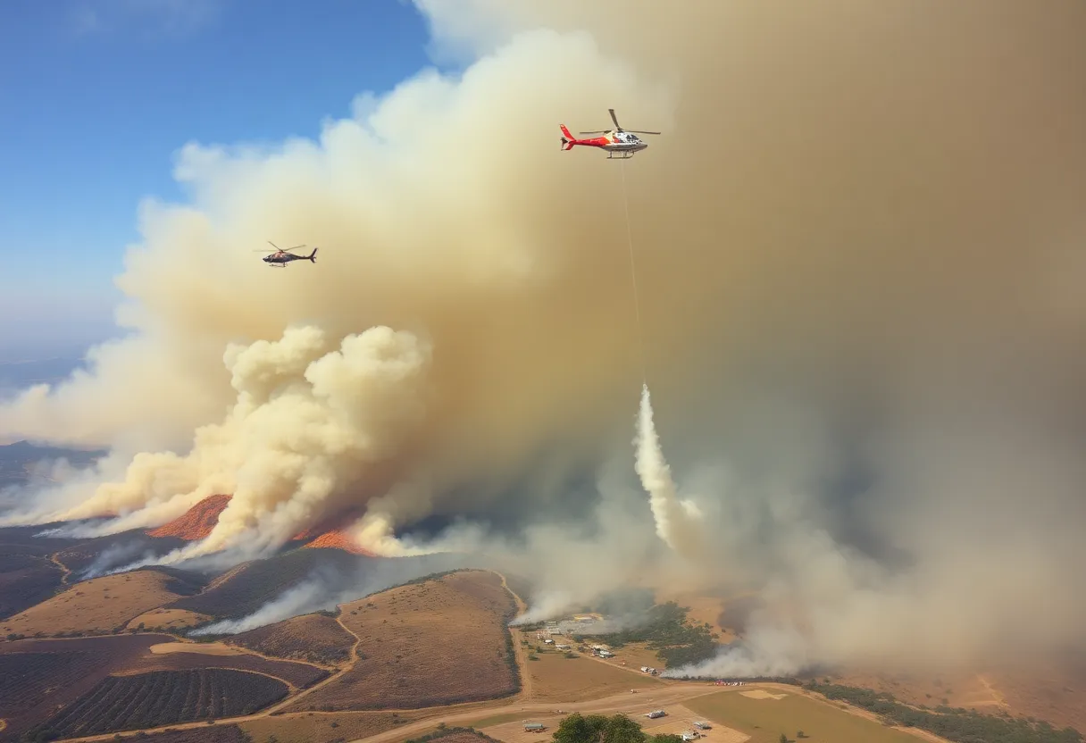 Aerial view of the Cody Fire in Oracle, Arizona, showing wildfire smoke and emergency response efforts.