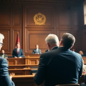 A tense courtroom scene during a murder conspiracy trial.
