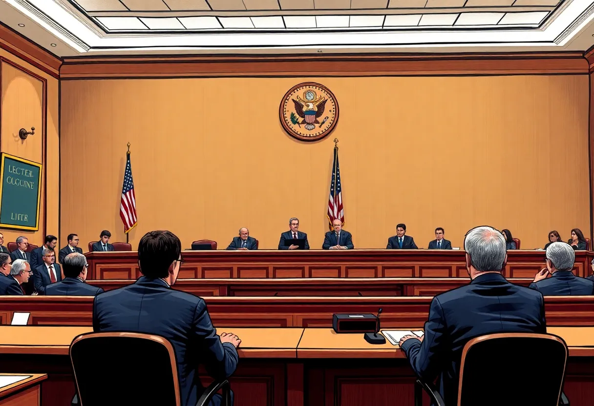 Courtroom scene depicting legal discussions on election integrity