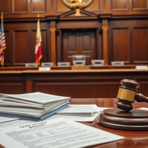 Courtroom scene depicting a judge's bench with legal documents
