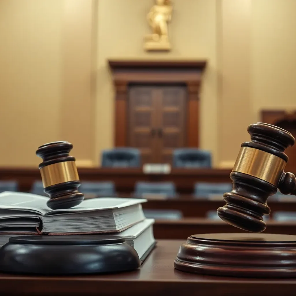 A courtroom with legal books and a gavel on the bench.