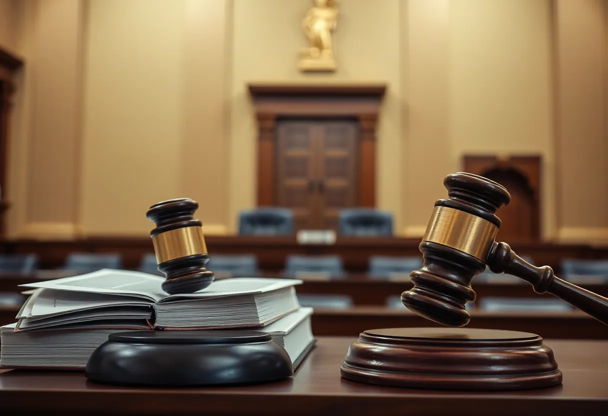 A courtroom with legal books and a gavel on the bench.