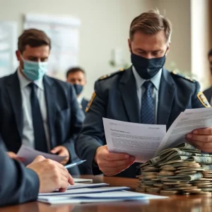 Law enforcement examining documents related to COVID-19 relief fraud case.