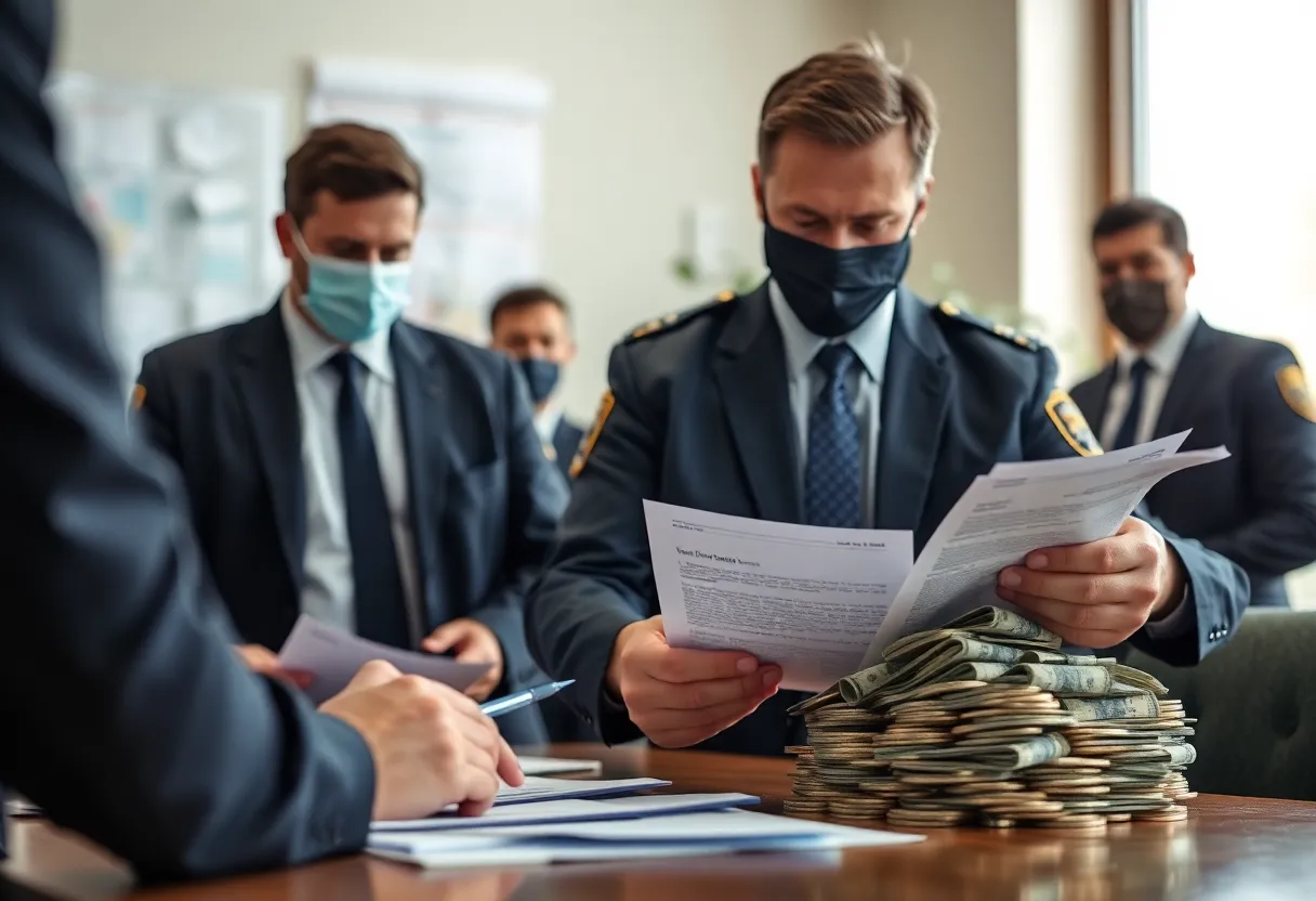 Law enforcement examining documents related to COVID-19 relief fraud case.