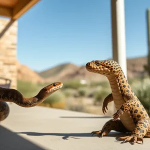 A diamondback rattlesnake and a Gila monster engaged in a stare-down on a porch.