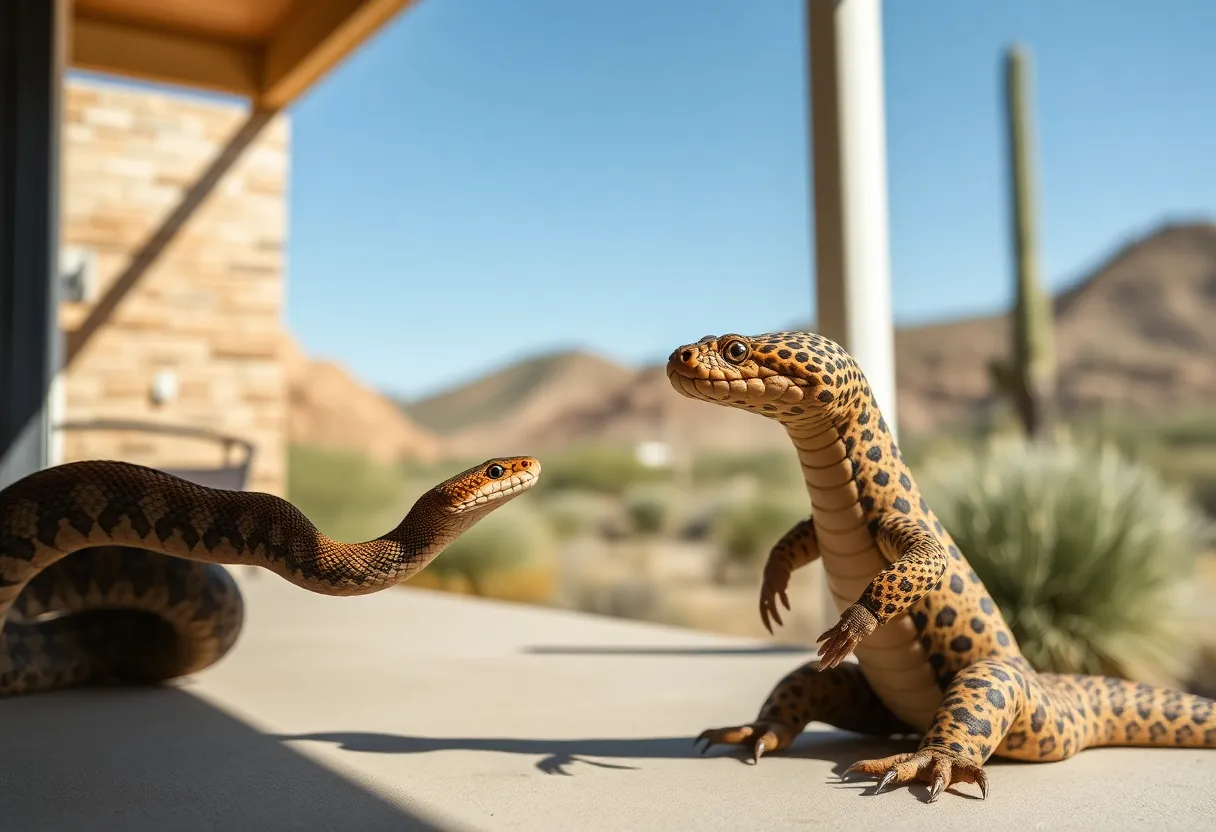 A diamondback rattlesnake and a Gila monster engaged in a stare-down on a porch.