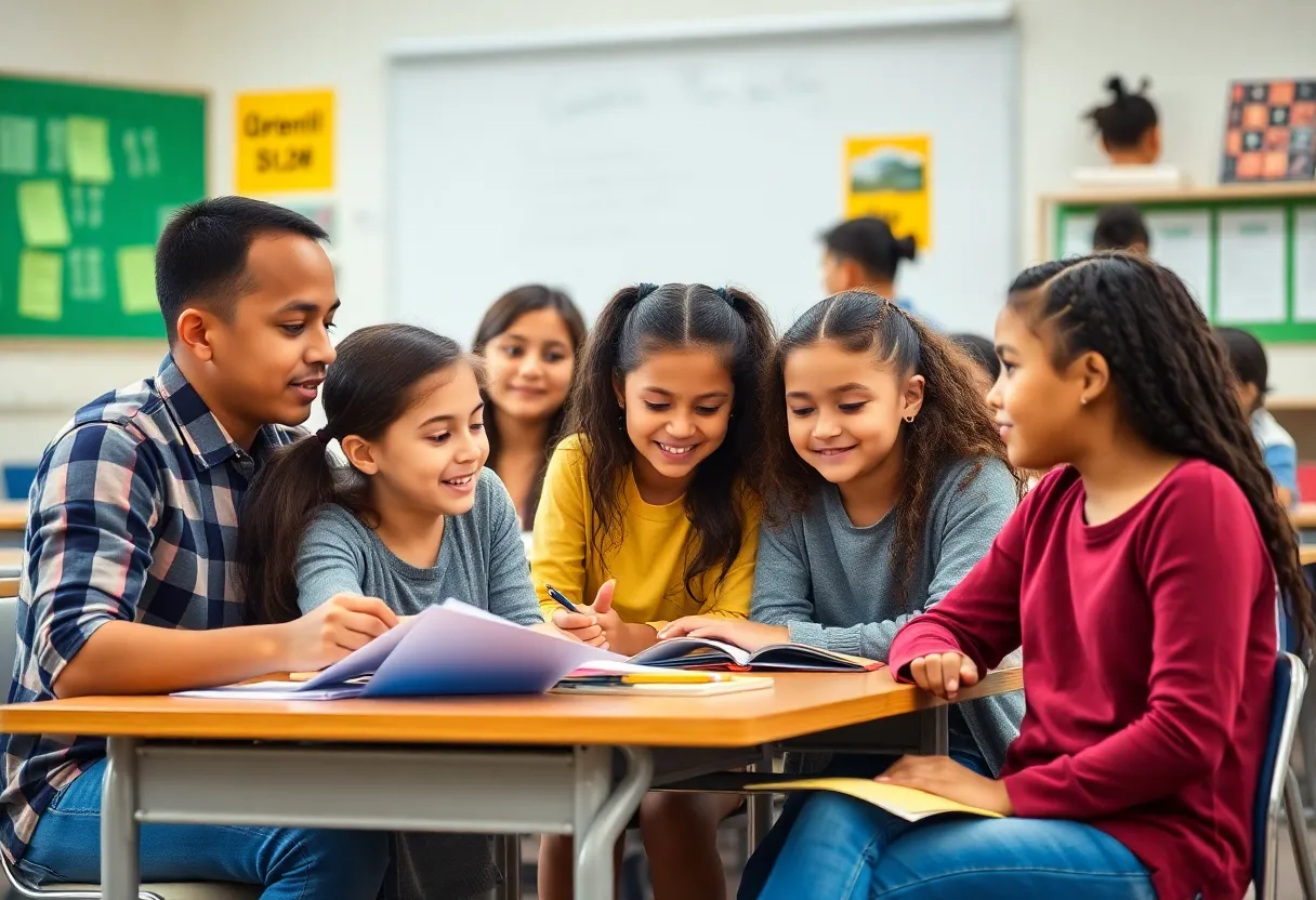 A diverse group of students participating in a collaborative classroom activity