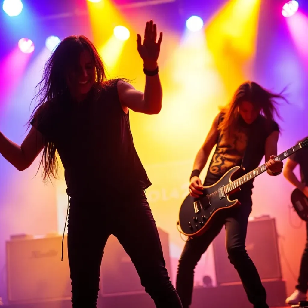 Energetic nu-metal band performing on stage with vibrant lights