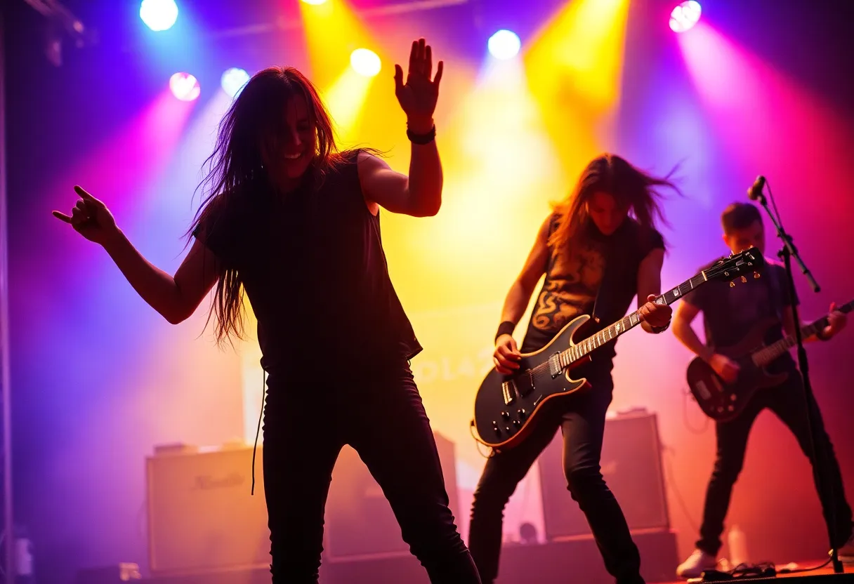Energetic nu-metal band performing on stage with vibrant lights