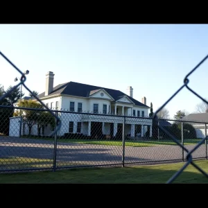 A large chain-link fence surrounding an upscale mansion in a residential area.