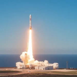 Falcon 9 rocket launching at sunset