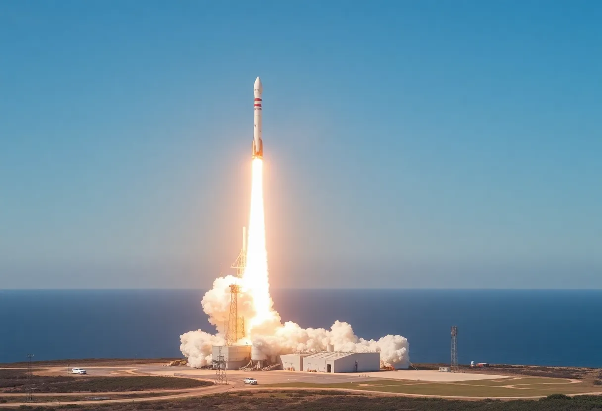 Falcon 9 rocket launching at sunset