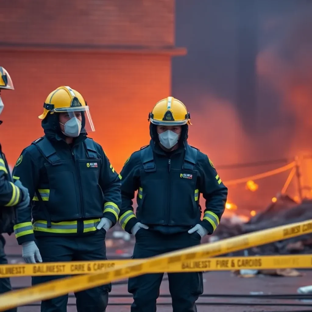 Fire investigators wearing ballistic vests at a fire scene