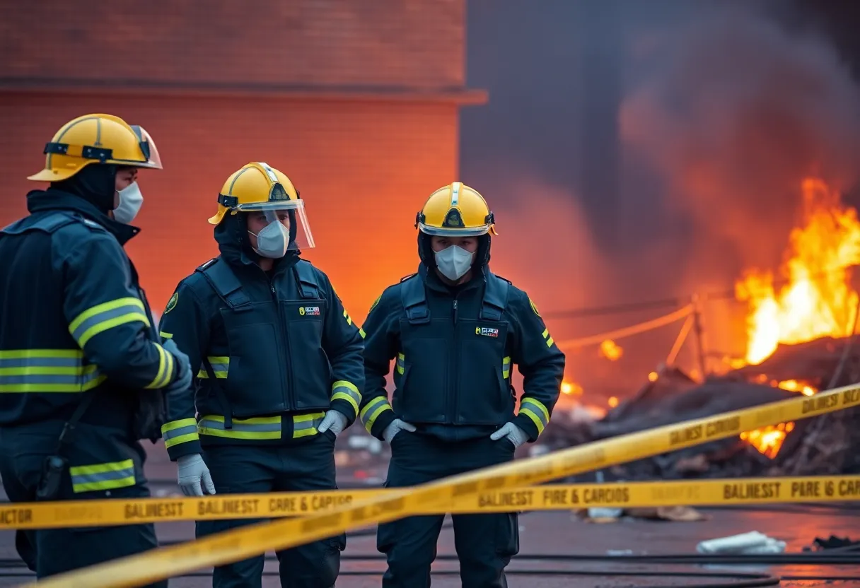 Fire investigators wearing ballistic vests at a fire scene