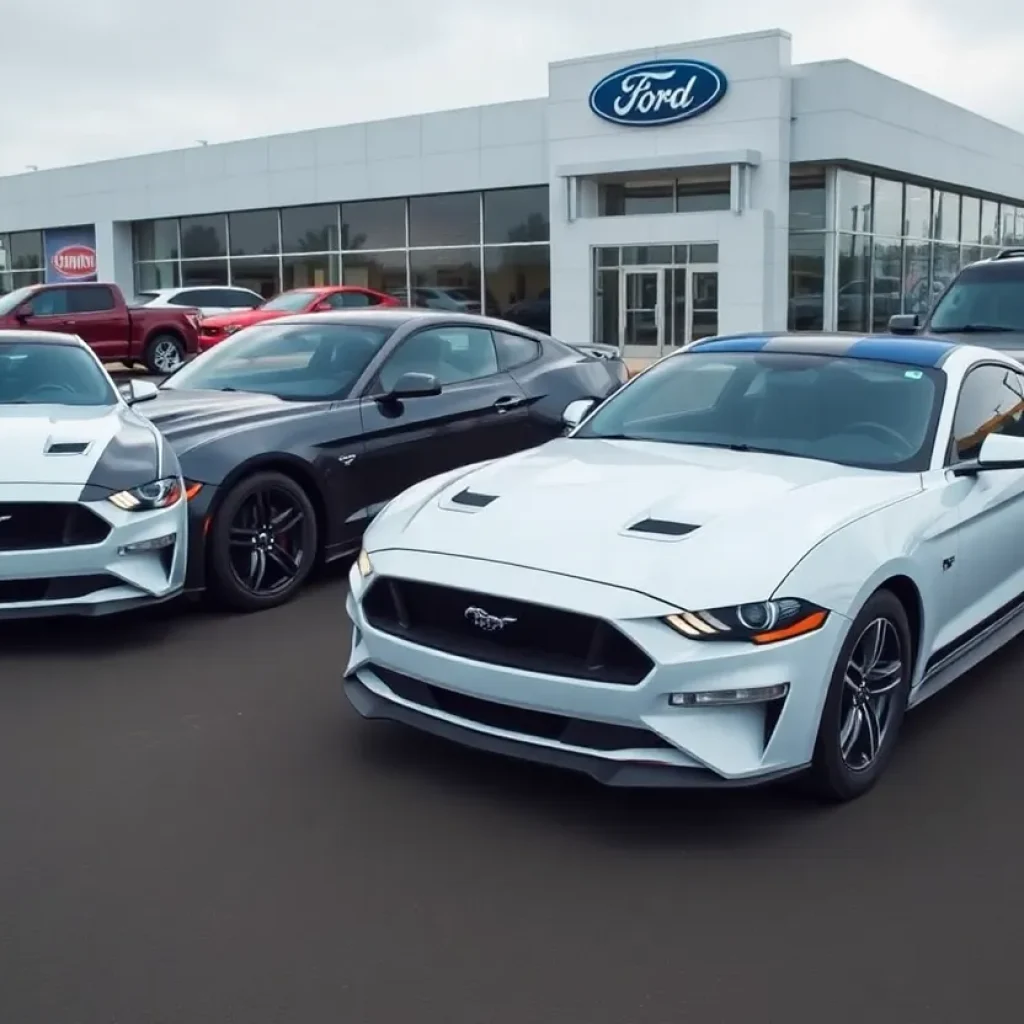 Ford Mustang Mach-E, Maverick, and Bronco Sport displayed at a dealership.
