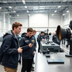 Students working in a high-tech aerospace training facility