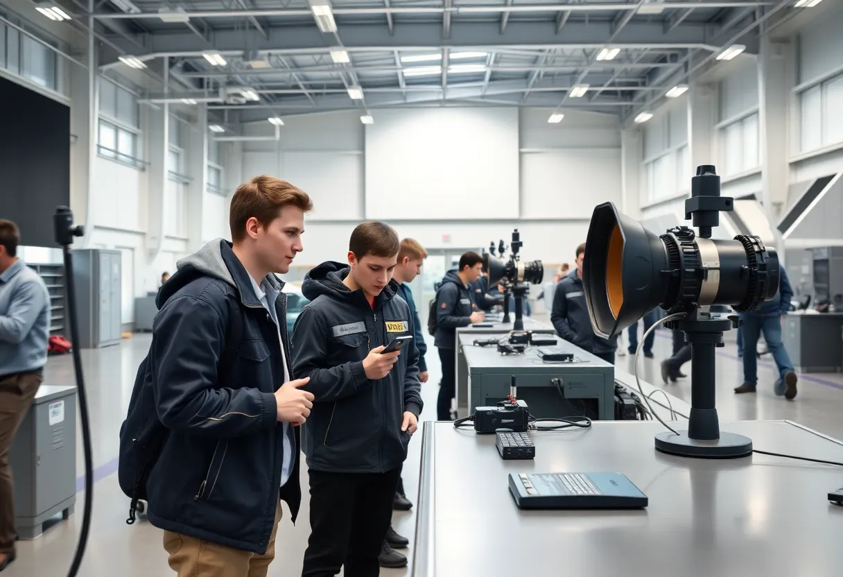 Students working in a high-tech aerospace training facility