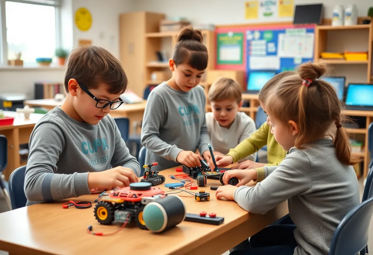 Elementary students participating in a STEM education program