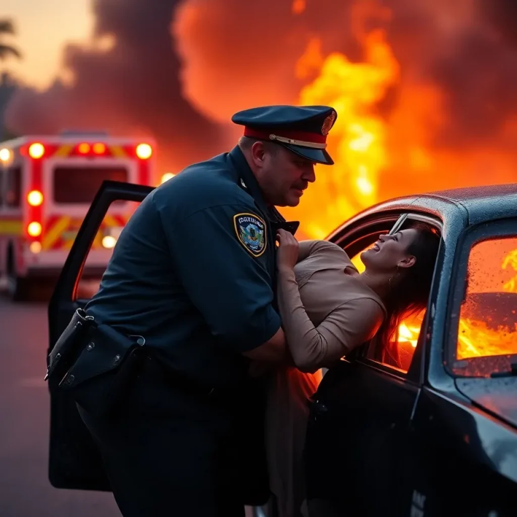 Police officer rescuing woman from burning vehicle