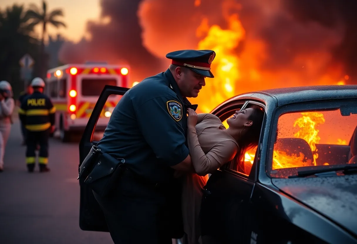Police officer rescuing woman from burning vehicle