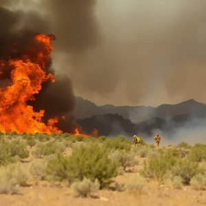 Firefighters battling the Greer Fire in Arizona, with smoke rising and charred vegetation.