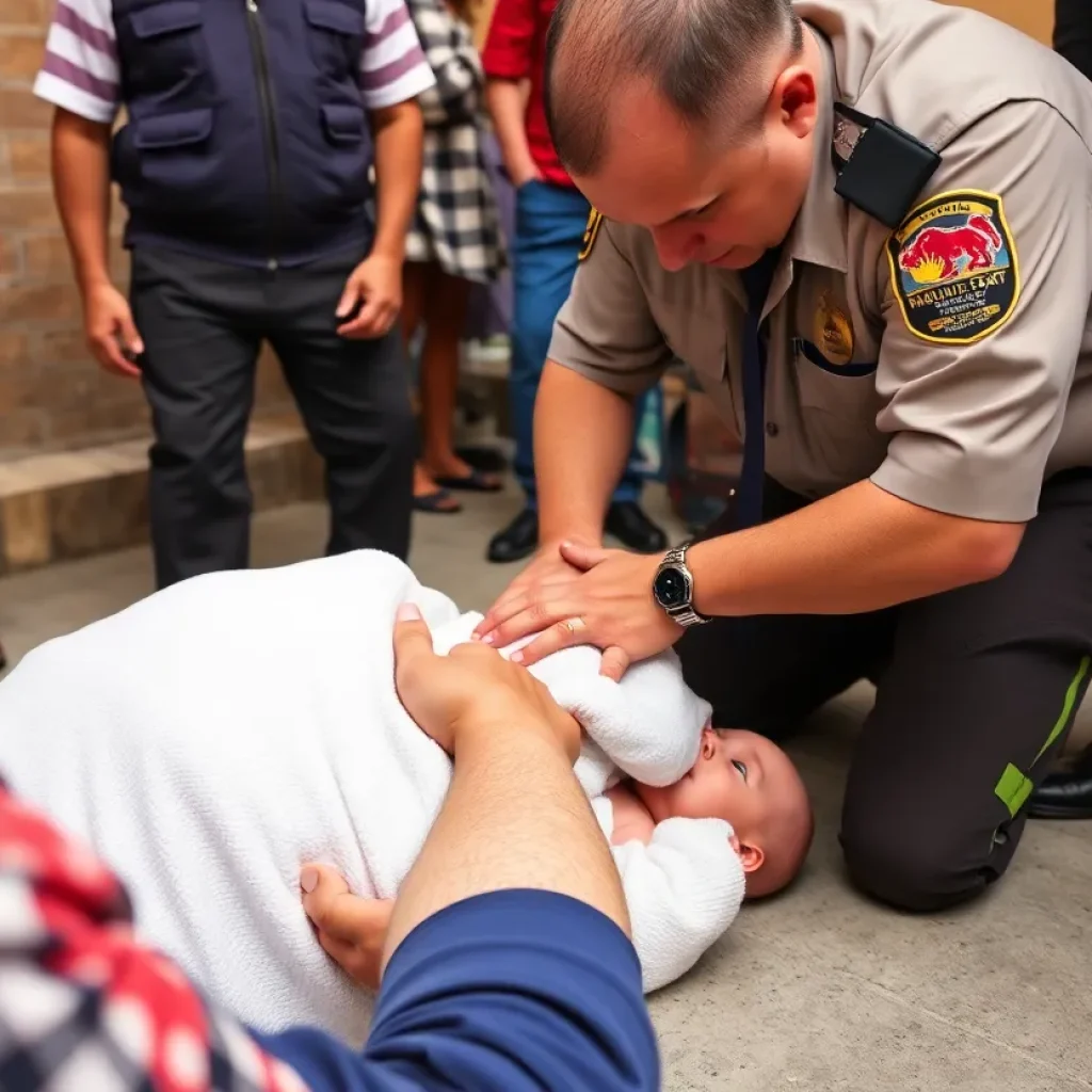 Police officer performing CPR on a baby during an emergency