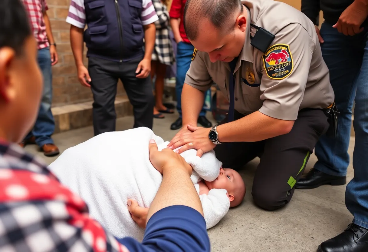 Police officer performing CPR on a baby during an emergency