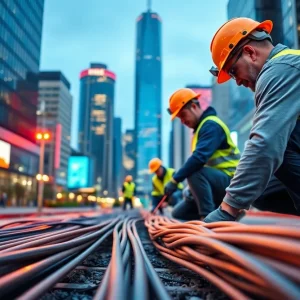 Workers installing fiber internet cables in an urban area.