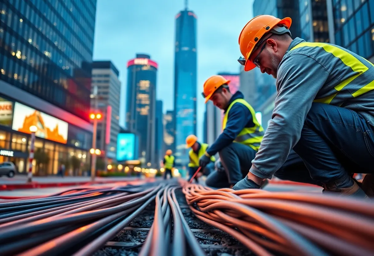 Workers installing fiber internet cables in an urban area.