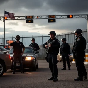 Law enforcement officers inspecting at the border crossing