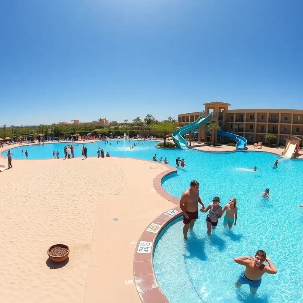 Family enjoying a sunny day at a luxurious resort pool in Phoenix with waterslides.