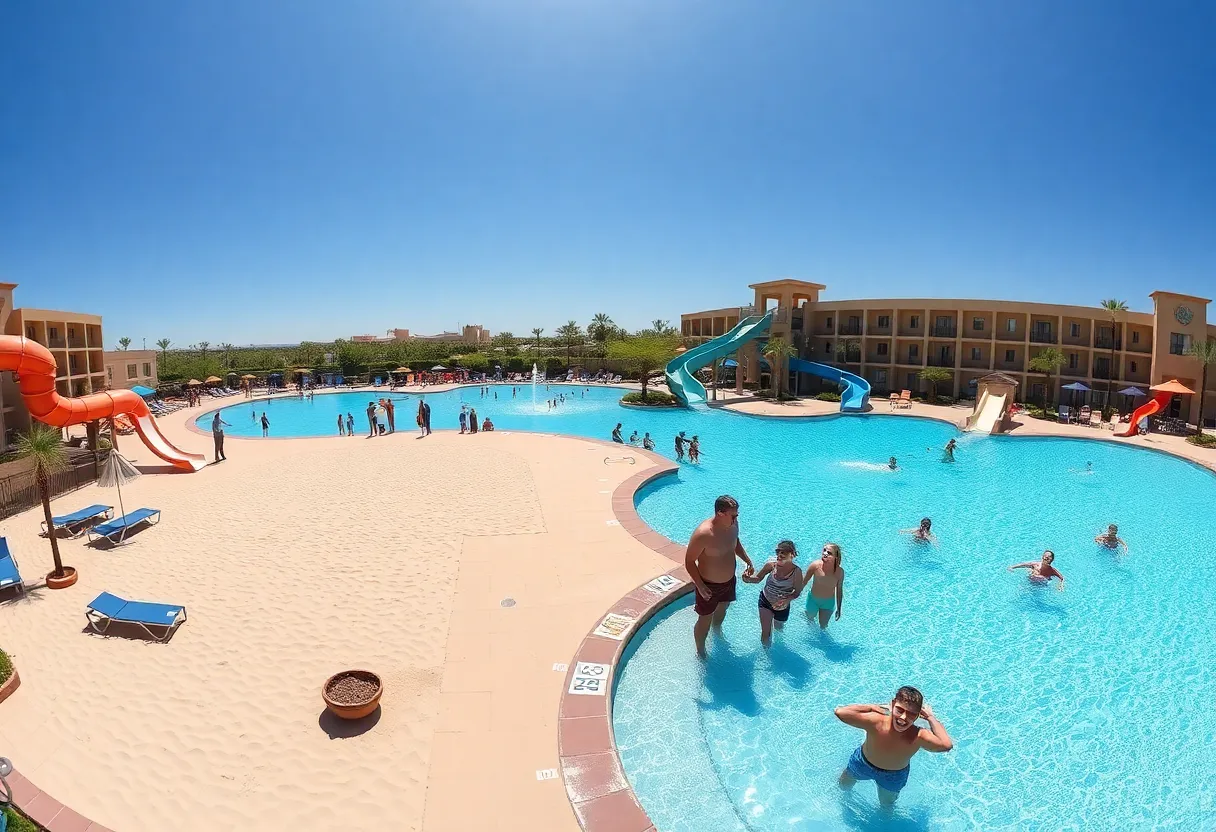 Family enjoying a sunny day at a luxurious resort pool in Phoenix with waterslides.