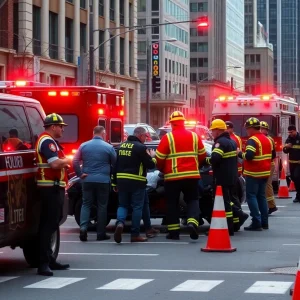 Emergency responders assisting at a downtown traffic accident scene.