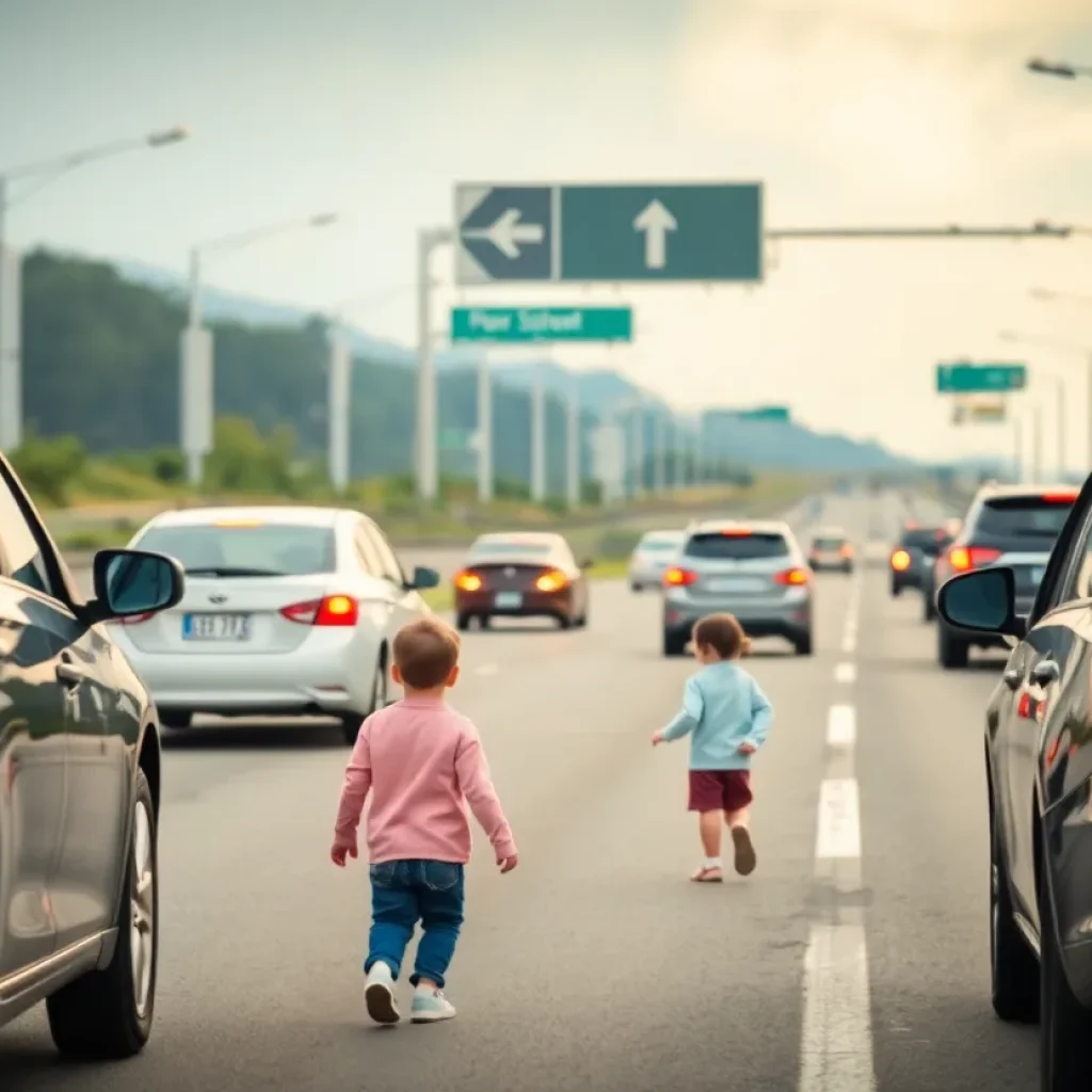 Highway scene with a child walking alone after missing school bus