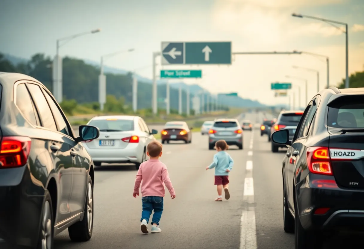 Highway scene with a child walking alone after missing school bus